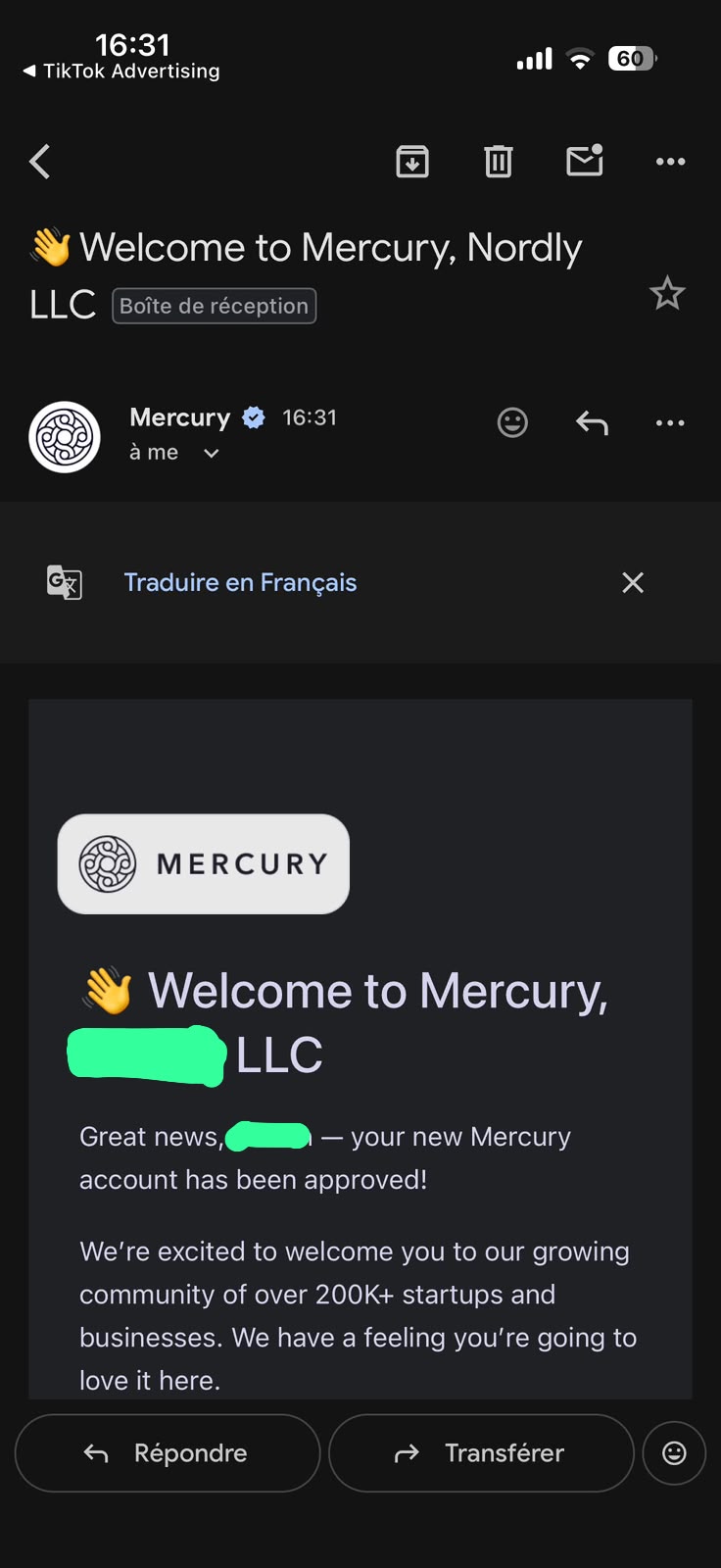 Compte ouvert pour un client